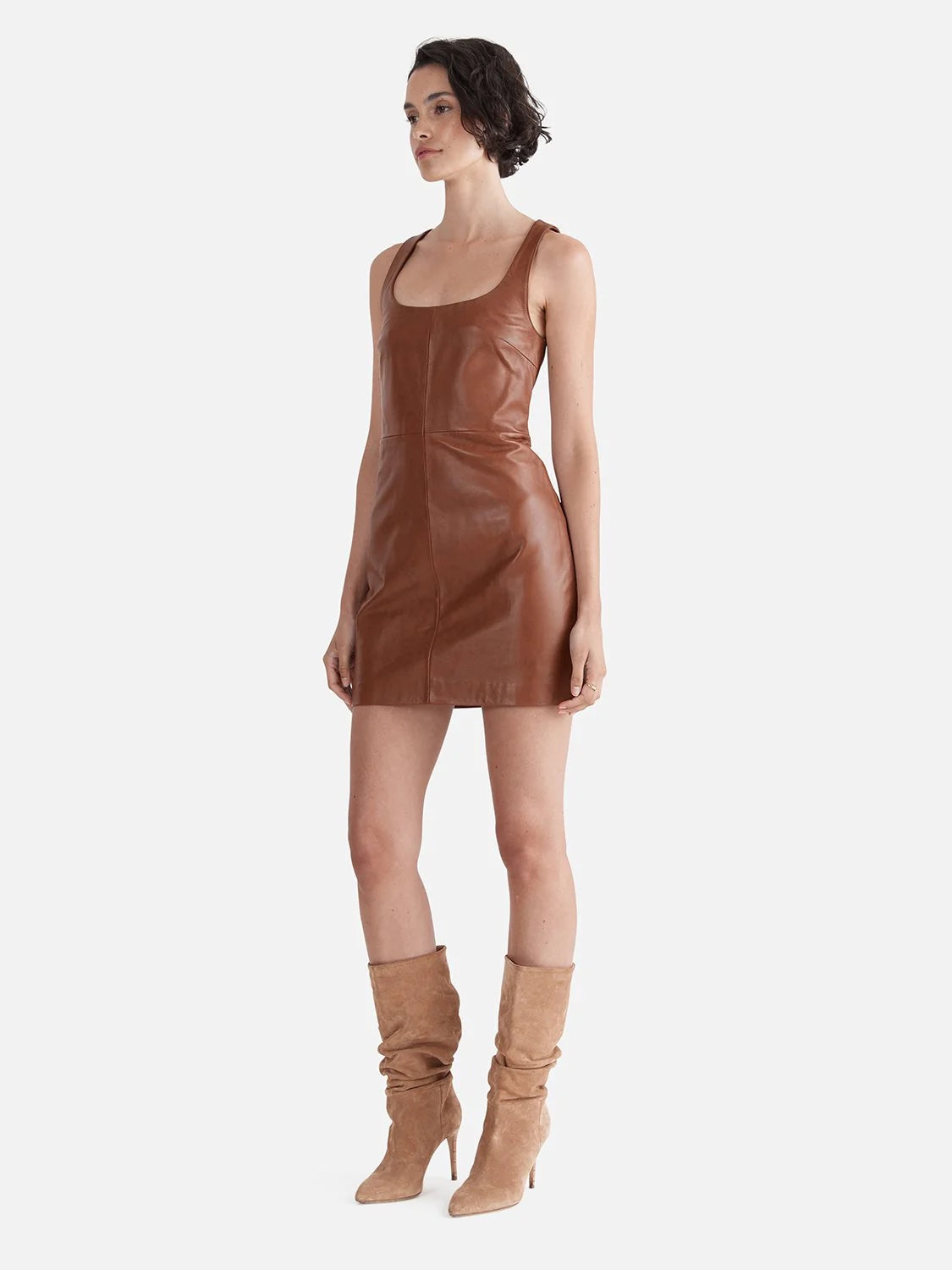 Delaney Leather Mini Dress - WHISKEY | ENA PELLY