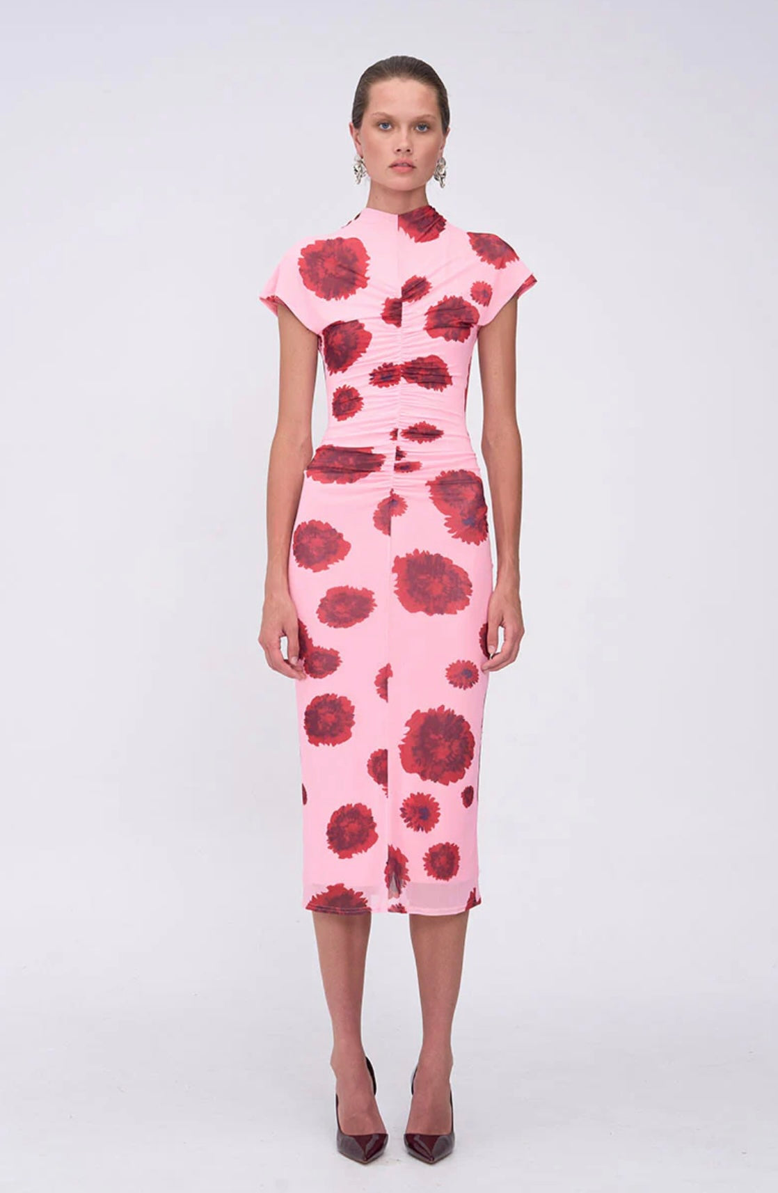 Luca Mesh Ruched Front Midi Dress PINK RED | SUBOO