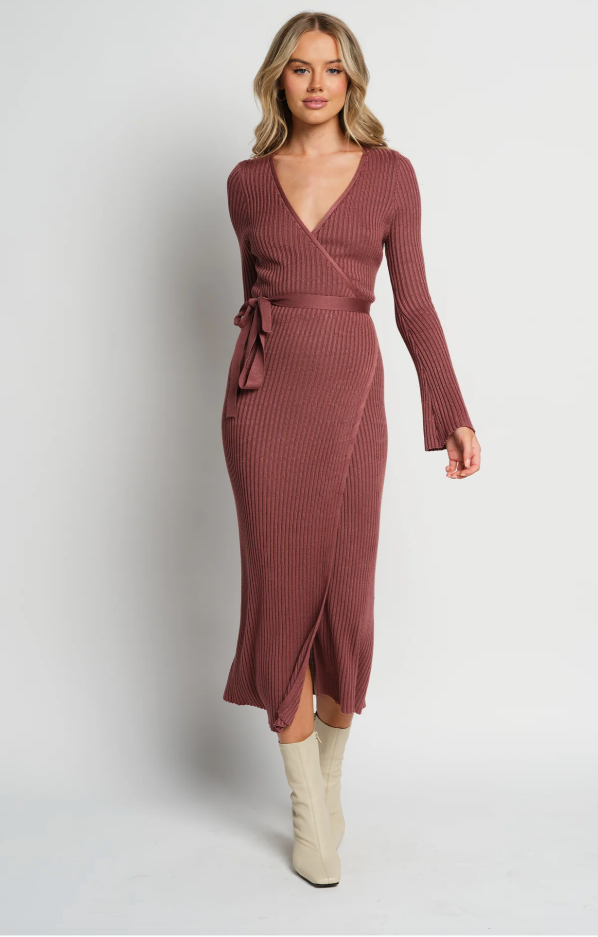 Nadine Knit Wrap Dress Burnt Rose APERO LABEL Shop The Range Here