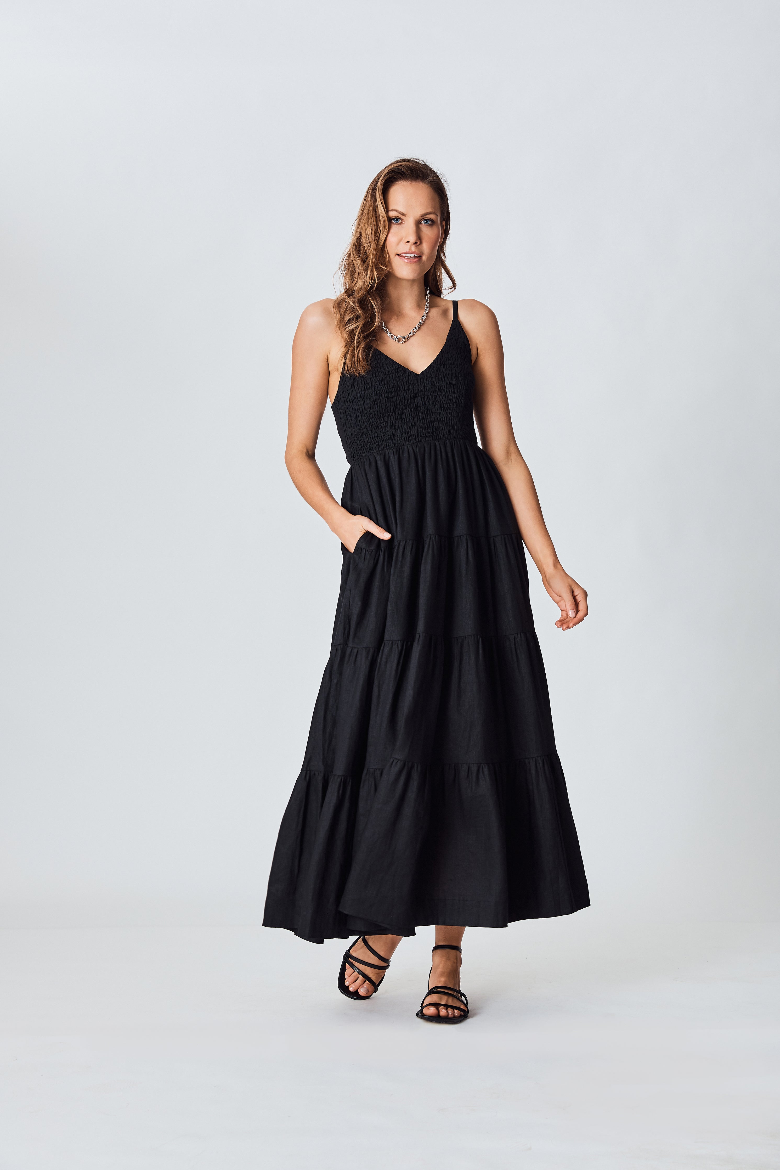 The Shirred Linen Maxi Dress Black Off Duty The Shirred Linen Maxi Dress Black Off Duty