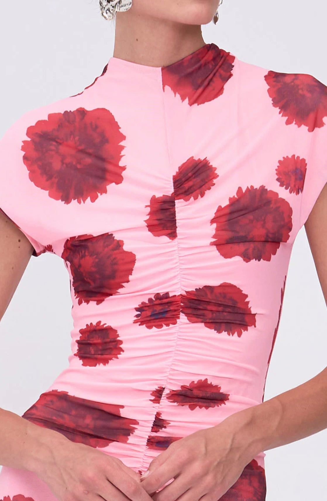 Luca Mesh Ruched Front Midi Dress PINK RED | SUBOO