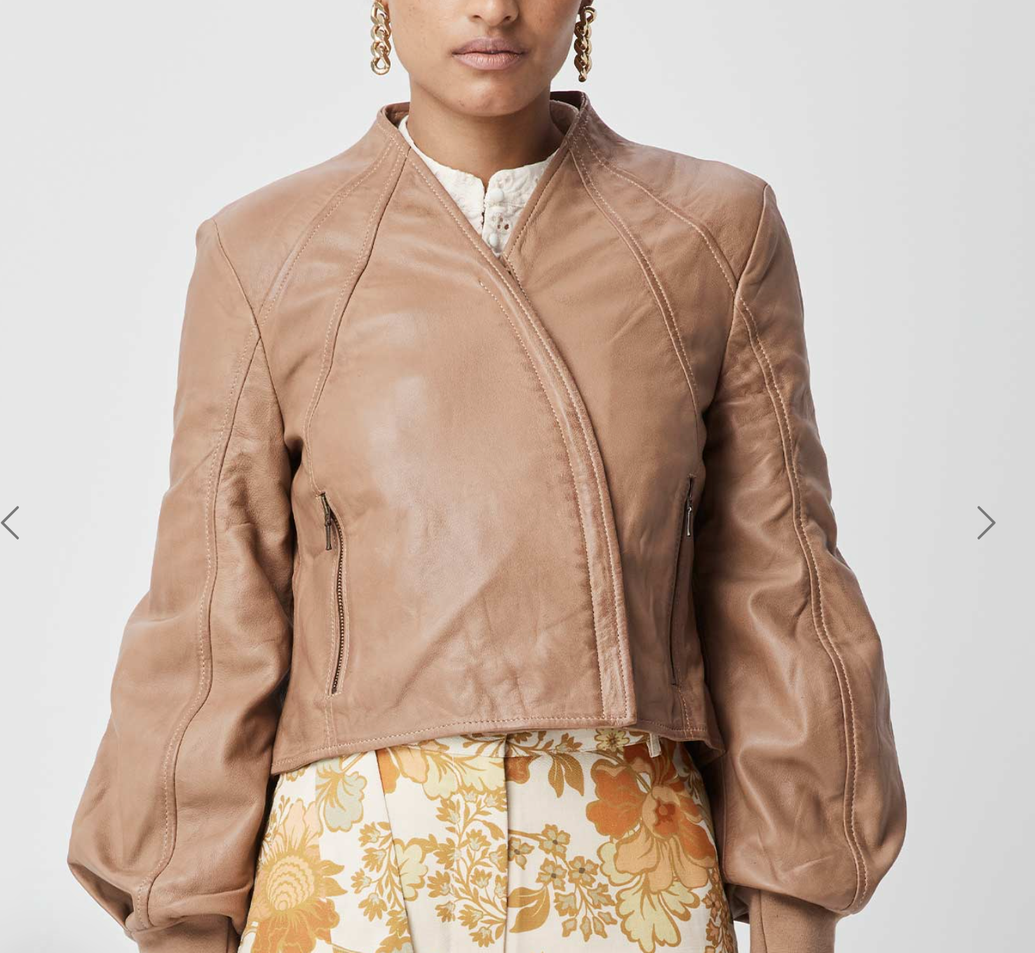 Farrah Volume Sleeve Leather Jacket Husk | ONCEWAS | Shop The